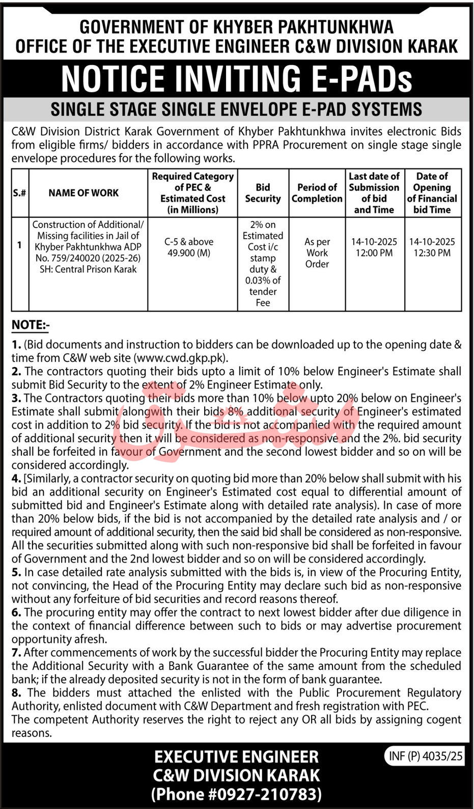 C&W Division Karak Tender Notice
